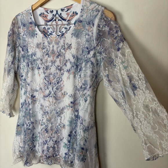 Sheer Lace Floral Damask Top Rhinestone Detail Boho Fairy Grunge Y2K Style - Picture 6 of 9